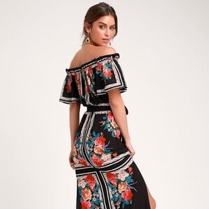 Lulus Trip To Tobago Black Floral Print Off-the-shoulder Maxi Dress - Size M
